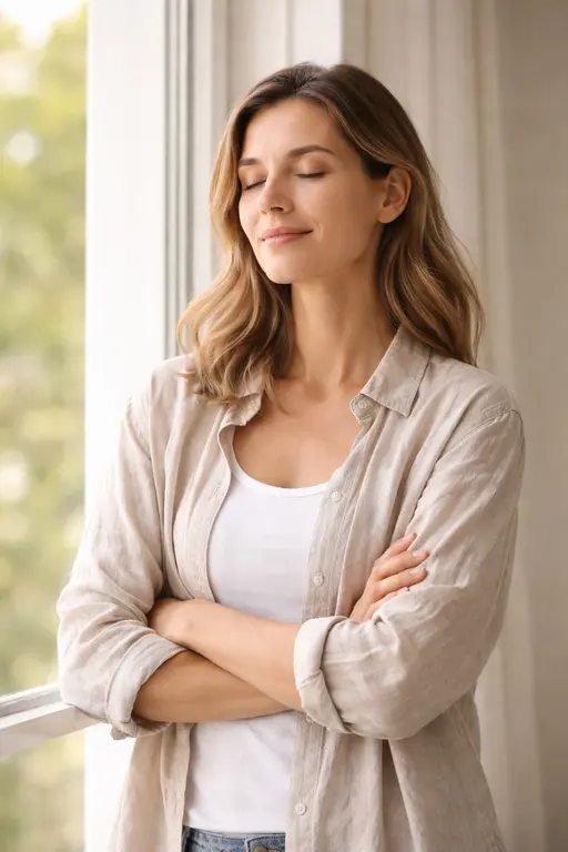 person calmly reviewing BMI calculator result on screen with relaxed expression, showing reassurance and understanding about body weight