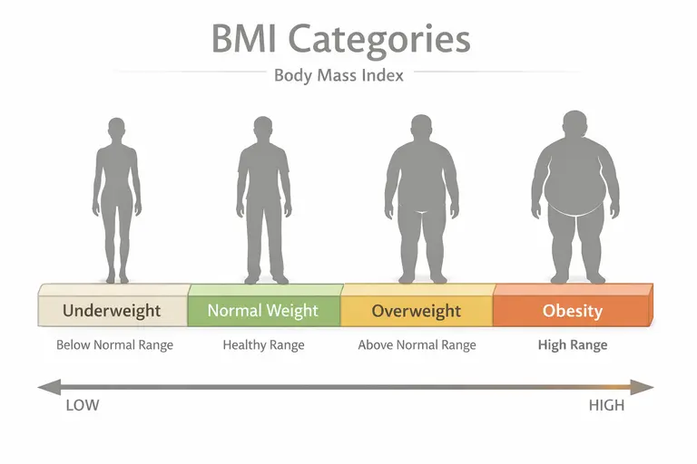BMI calculator infographic showing BMI ranges and weight categories for adults in a clear visual format