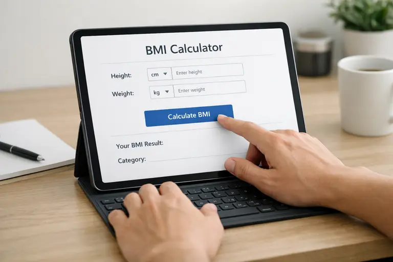 BMI Calculator interface being used by a person to check body weight with clear and simple inputs